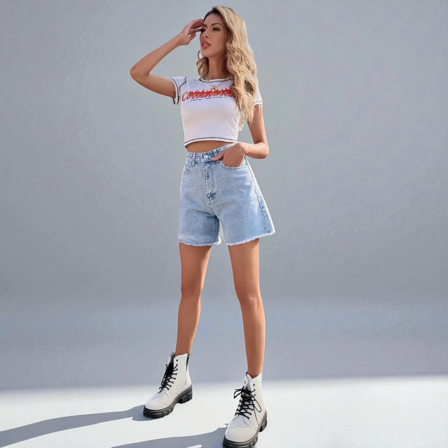 Short femme en jean taille haute