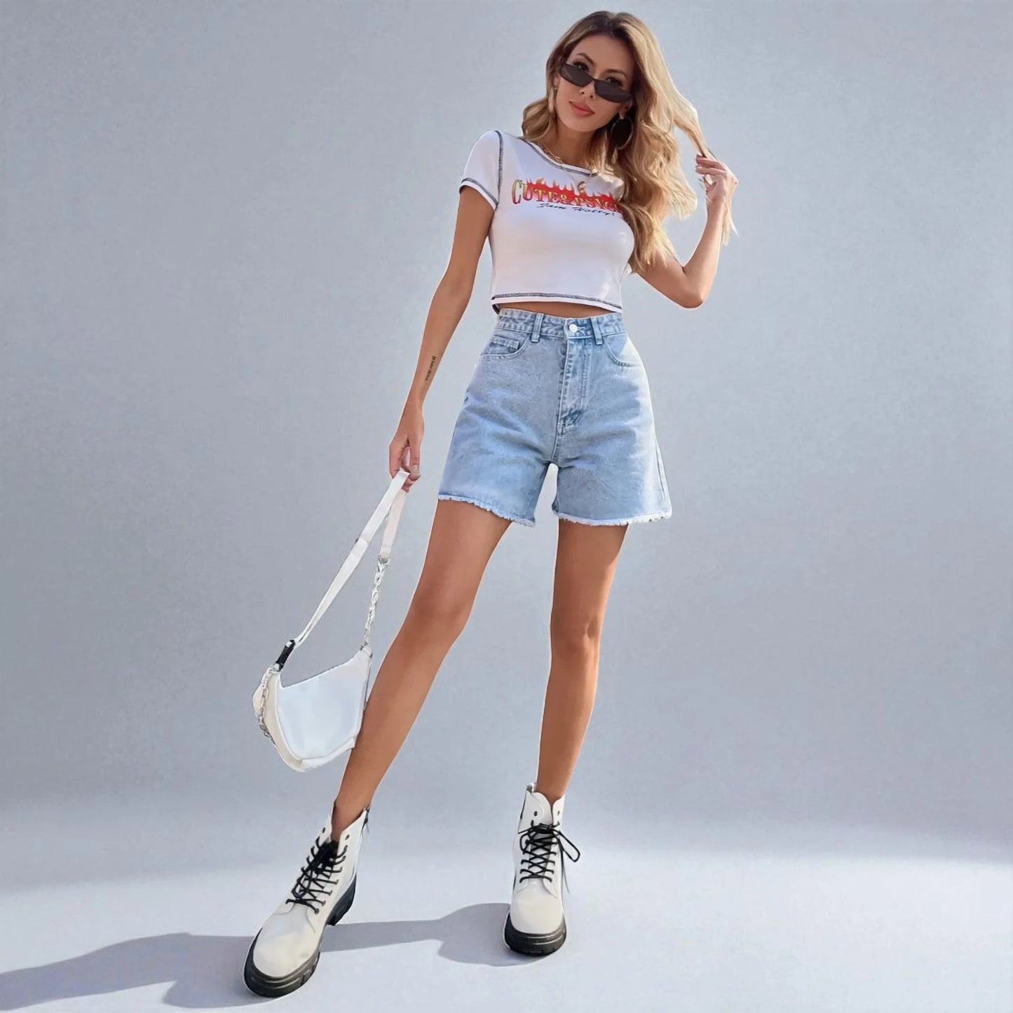 Short femme en jean taille haute