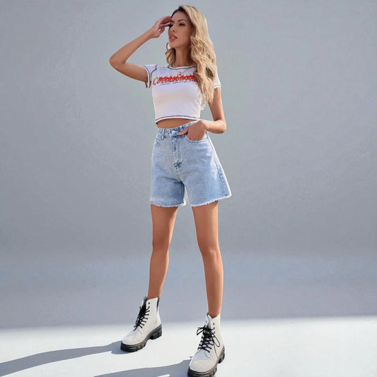 Short femme en jean taille haute